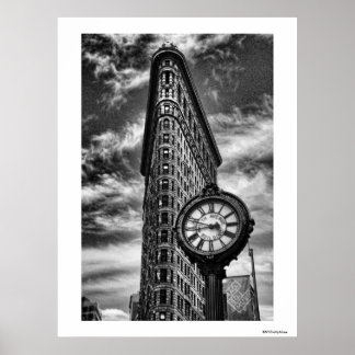 Poster Flatiron Building et horloge en noir et blanc