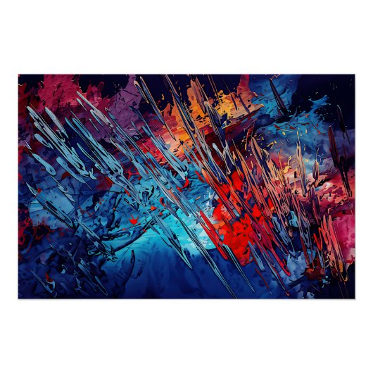 Poster Flèche de feu bleu rouge Art Abstrait contemporain (Devant)