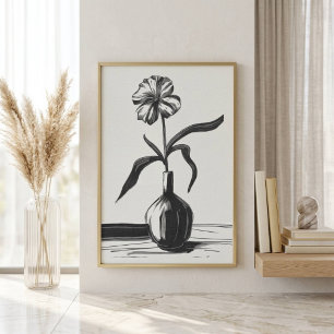 Poster Fleur à l'encre noire et blanche minimaliste