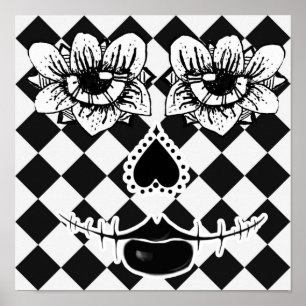 Poster Fleur à Visage Carrelé   Ar Surréaliste Noir et Bl