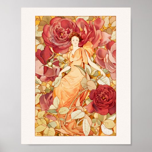 Poster Fleur Art Nouveau Fée avec Roses rouges et oranges (Devant)