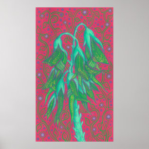 Poster Fleur australienne d'oiseaux, vert tropical floral