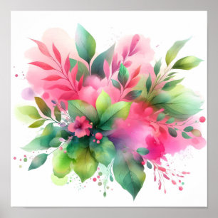 Poster Fleur botanique à l'aquarelle rose vert