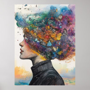 Poster Fleur cosmique - Femme à chapeau de papillon lunai