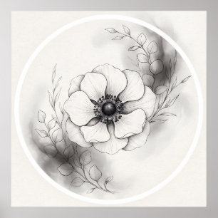 Poster Fleur d'anémone botanique noir blanc