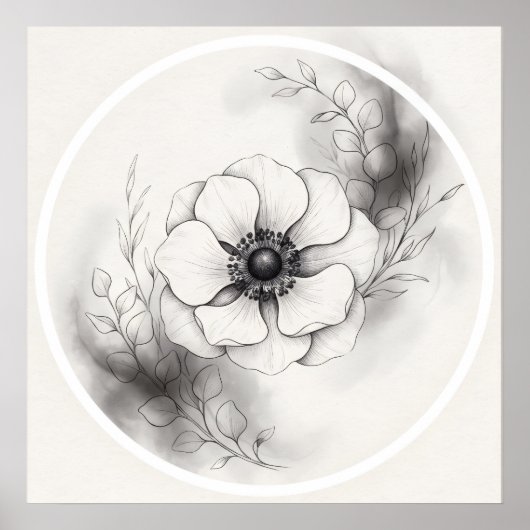 Poster Fleur d'anémone botanique noir blanc (Devant)