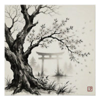 Fleur de cerisier et torii — Encre sumi-e japonais