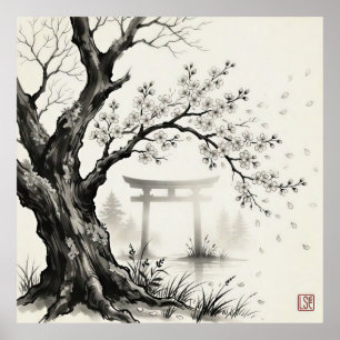 Poster Fleur de cerisier et torii — Encre sumi-e japonais