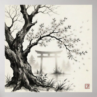 Poster Fleur de cerisier et torii — Encre sumi-e japonais