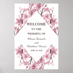 Poster Fleur de cerisier rose printemps. Bienvenue au mar