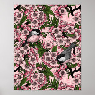 Poster Fleur de cerisiers et poulets roses