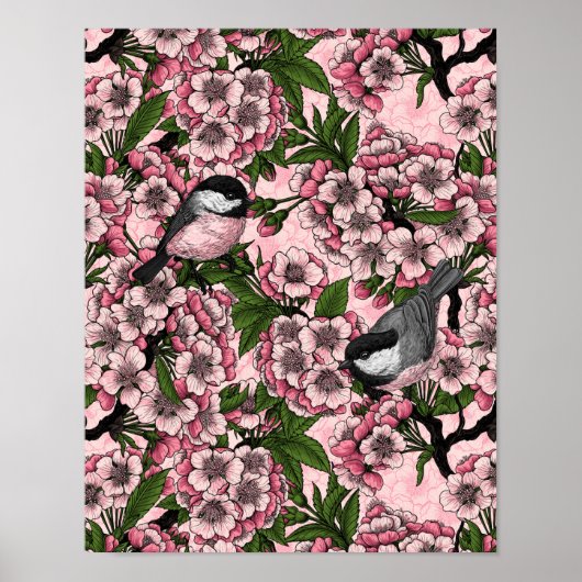 Poster Fleur de cerisiers et poulets roses (Devant)