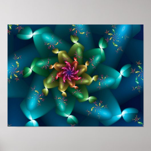 Poster Fleur de corail océanique Art fractal sarcelle et (Devant)