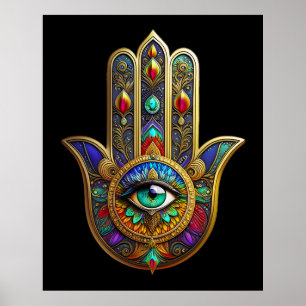 Poster Fleur de couleur de paon Pétales de Hamsa Œil vert
