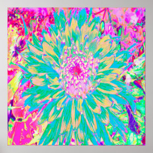 Poster Fleur de Dahlia Décorative Vert Turquoise et Rose