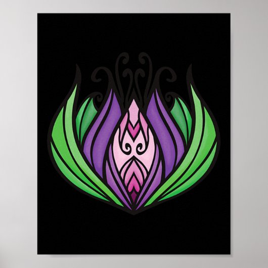 Poster Fleur de lotus zen violet, rose et vert (Devant)