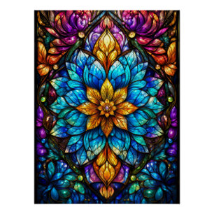 Poster Fleur de mandala en verre coloré gothique - Bleu e