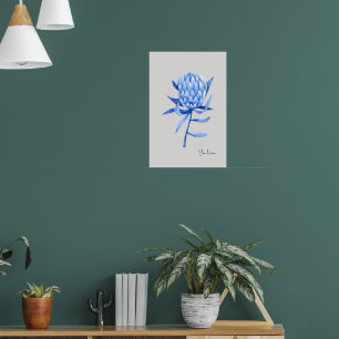 Poster Fleur de Protea Tropicale Bleu de Cobalt Aquarelle