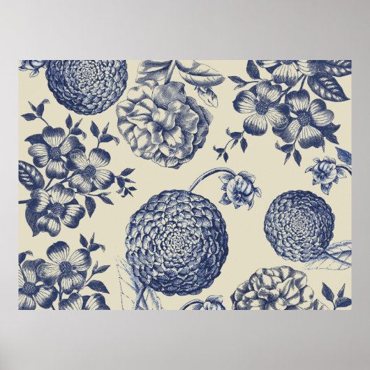 Poster Fleur de style antique bleu floral (Devant)