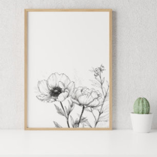 Poster Fleur de trait minimaliste noir et blanc