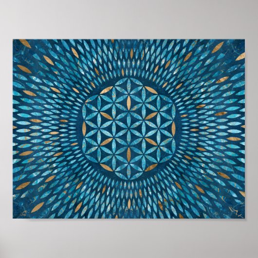 Poster Fleur de vie en pétales - Marbre bleu et or (Devant)