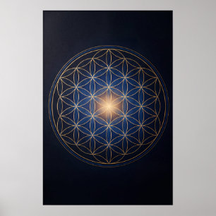 Poster Fleur de Vie Géométrie Sacrée Or Bleu Spirituel