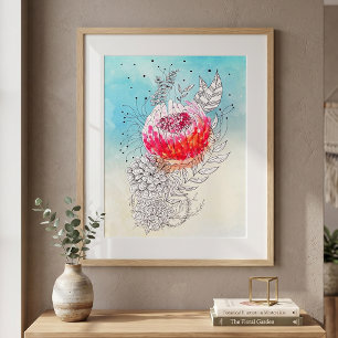 Poster Fleur d'encre de doodle d'aquarelle rose vibrant A