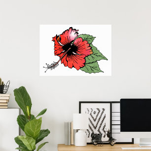 Poster Fleur d'Hibiscus Rouge Tropical avec des Feuilles 