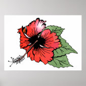 Poster Fleur d'Hibiscus Rouge Tropical avec Feuilles Vert (Devant)