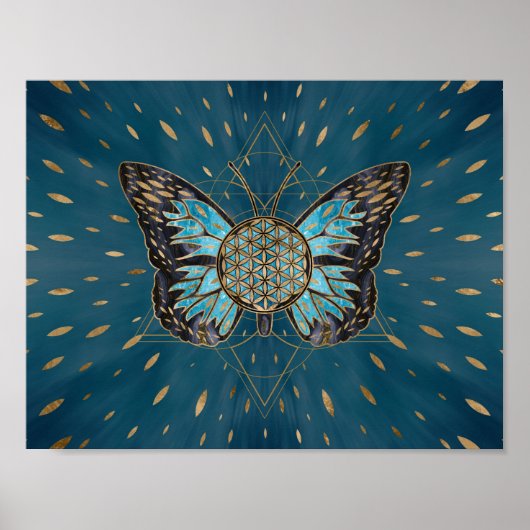 Poster Fleur du papillon de vie - Pierre bleue et or (Devant)