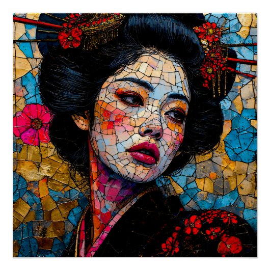 Poster Fleur en céramique : Géisha en mosaïque dans une r (Devant)