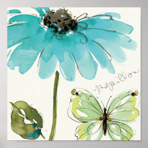 Poster Fleur et papillon bleus