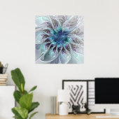 Poster Fleur fractale moderne abstraite avec du bleu (Bureau à domicile)