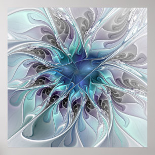 Poster Fleur fractale moderne abstraite avec du bleu