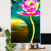 Poster Fleur Lotus d'or rose avec réflexion Pleine lune (Bureau à domicile)