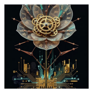 Poster Fleur Mécanique Steampunk : Moteur de Floraison Te