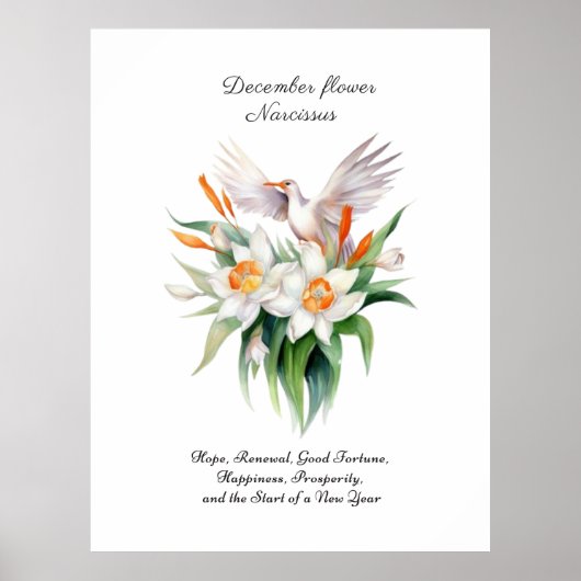 Poster Fleur Narcisse de décembre avec oiseaux floraux (Devant)