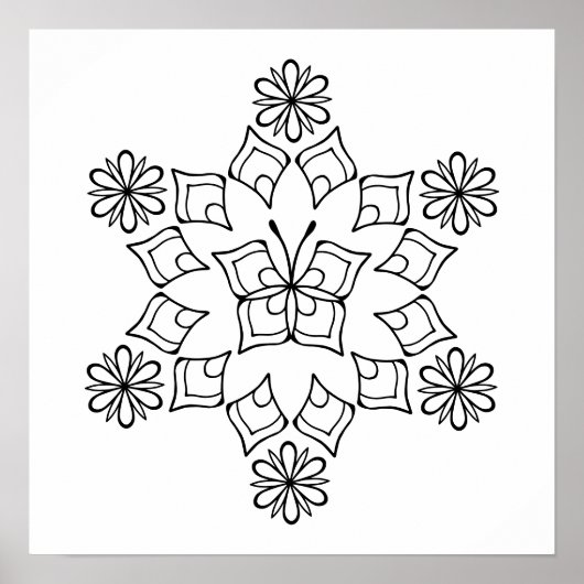 Poster Fleur papillon Mandala Coloration adulte (Devant)
