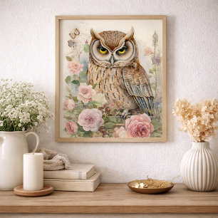 Poster Fleur romantique de hibou aquarelle faune nature