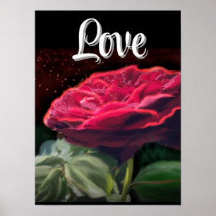 Poster Fleur Rouge Rose Vert Black Art Floral Fleurs