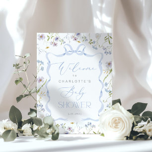 Poster Fleur sauvage Bleu Bow cadre Baby shower Bienvenue