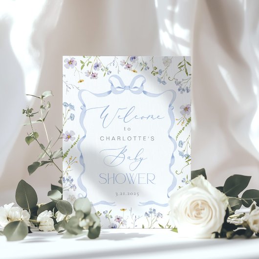 Poster Fleur sauvage Bleu Bow cadre Baby shower Bienvenue
