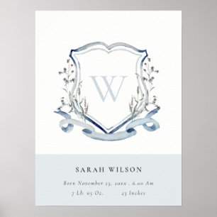 Poster fleur sauvage bleu élégant Monogram Crest Birth St
