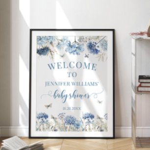 Poster Fleur sauvage bleu papillon baby shower de bienven