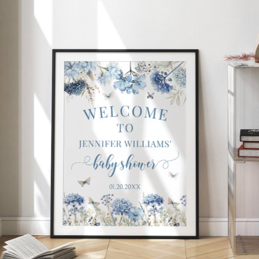 Poster Fleur sauvage bleu papillon baby shower de bienven