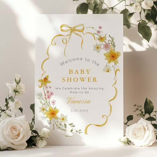 Poster Fleur sauvage Bow cadre Baby shower jaune Accueil