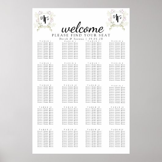 Poster Fleur sauvage Dusky Monogram Crest Mariage Siège (Devant)