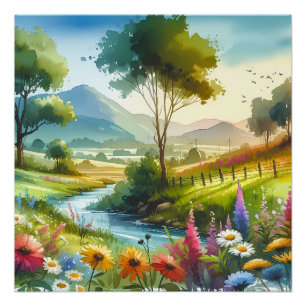 Poster Fleur sauvage et ruisseau dans la vallée de Spring