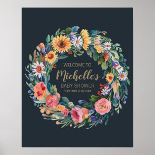 Poster Fleur sauvage or fille baby shower signe de bienve