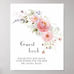 Poster Fleur sauvage  rose blanc Mariage livre d'hôte